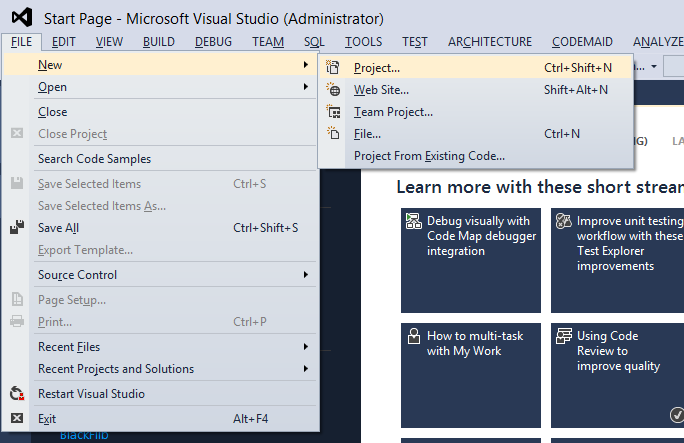 On Visual Studio Click on File -> New -> Project