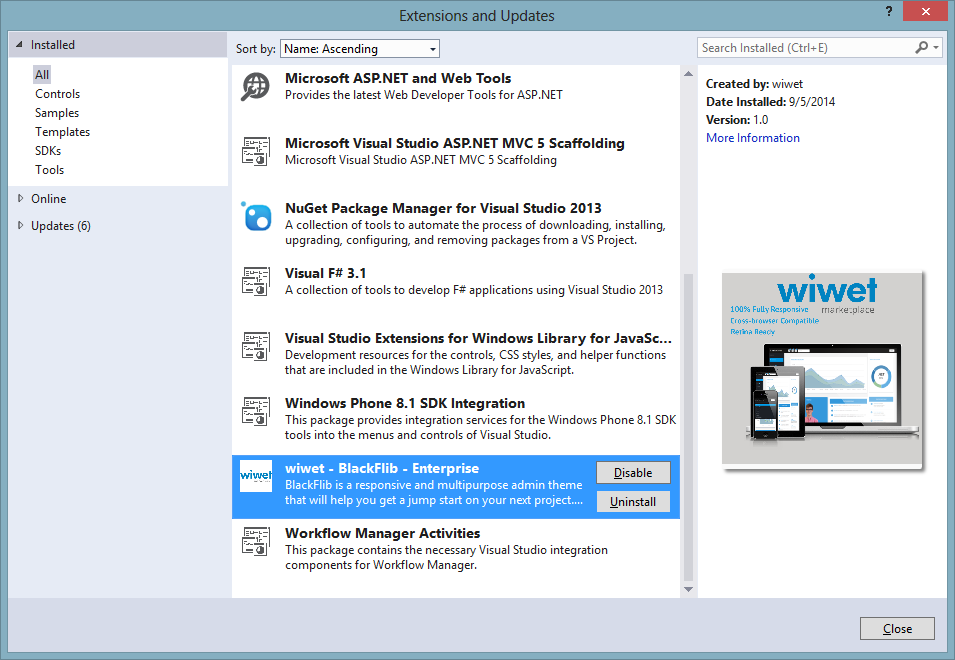 On the Extensions and Updates Window Select the wiwet Template and Click on the Uninstall Button
